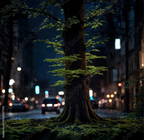 Urban tree illuminated at night street for environmental awareness and urban design photo