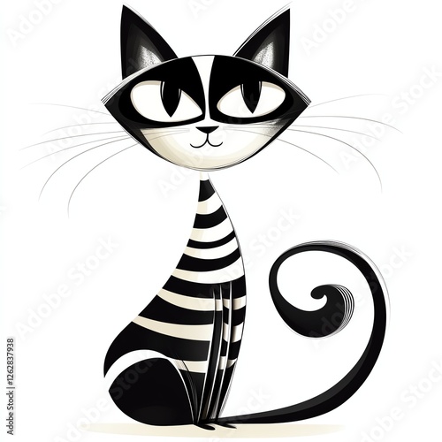 Stylized black and white cat illustration with whimsical design.
