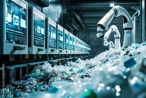 Robotic arms sort plastic waste on a high-tech production line, reuse and recycling concept