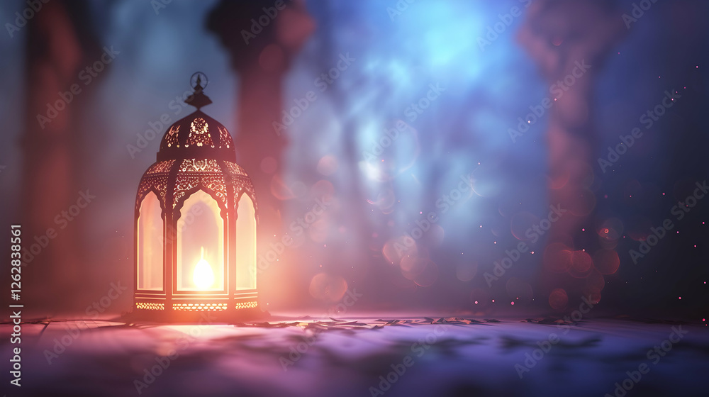 Obraz premium Ornate lantern glowing warmly in a mystical forest, surrounded by ethereal blue mist