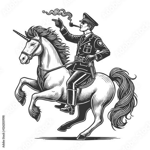 policeman smoking a pipe while riding a rearing unicorn, blending fantasy, authority, and humor in a vintage illustration style sketch engraving generative ai vector. Scratch board. Black and white.