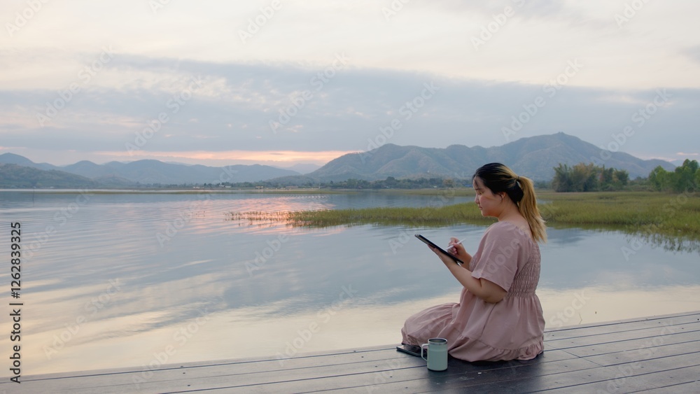 Asian Woman Using phone outdoors in the lake. Video Call, exploring, Virtual Meeting and Online Learning. Hybrid work lifestyle concept, artificial intelligence Talk with Ai, travel, influencer Asian Woman Using phone outdoors in the lake. Video Call, exploring, Virtual Meeting and Online Learning. Hybrid work lifestyle concept, artificial intelligence Talk with Ai, travel, influencer