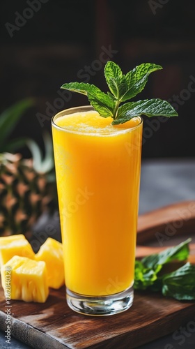 Refreshing homemade pineapple juice in clear glass with mint garnish and pineapple chunks