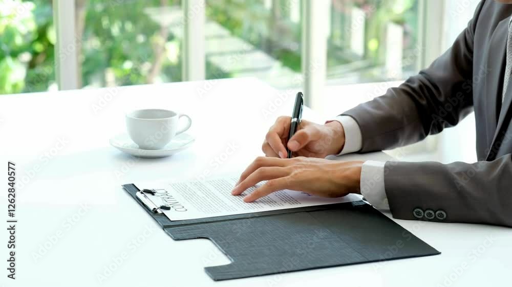 Indoors Closeup unknown person signing document with pen. buy insurance, Mock-up 
