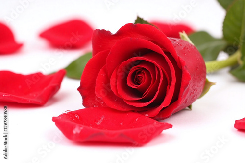 single red rose petals scattered water droplets white surface