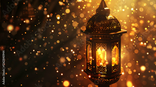Ornate lantern illuminating a warm glow amidst a backdrop of shimmering bokeh lights