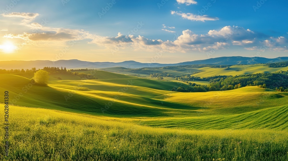 Obraz premium Stunning panoramic view of a picturesque countryside landscape featuring rolling green hills, vibrant meadows and majestic mountain backdrop