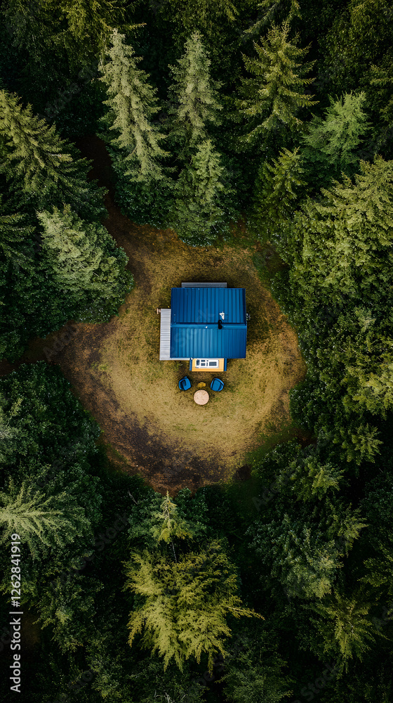 An impactful aerial shot depicting off-grid living in a tiny house community - nestled amidst lush greenery vertical An impactful aerial shot depicting off-grid living in a tiny house community - nestled amidst lush greenery vertical