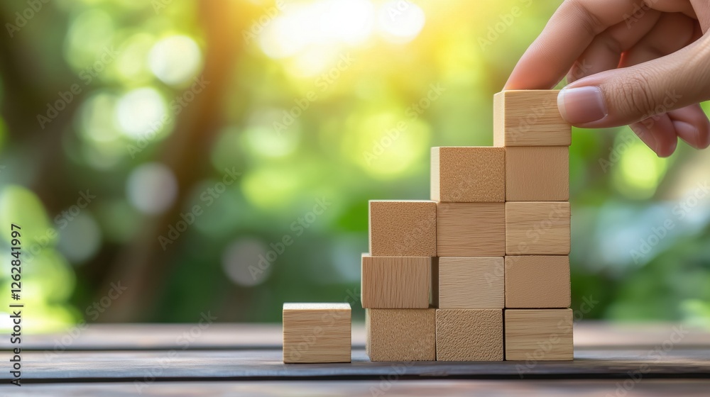 Strategic business development: hands building a stack of wooden blocks representing growth and success Strategic business development: hands building a stack of wooden blocks representing growth and success