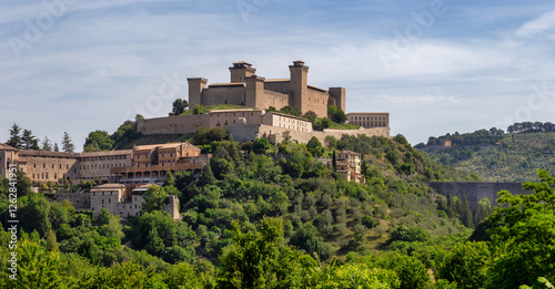 Spoleto, Ponte delle Torri roman bridge and Rocca Albornoziana medieval fortress. Umbria region, Italy, Europe.
