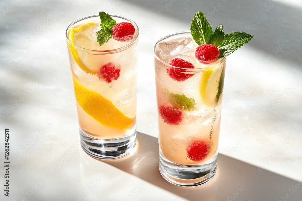 Pink lemonade with raspberries and ice in tall glasses on a light background, a summer drink for celebration or a party. A fresh water cocktail with mint leaves, fruit, and lemons.