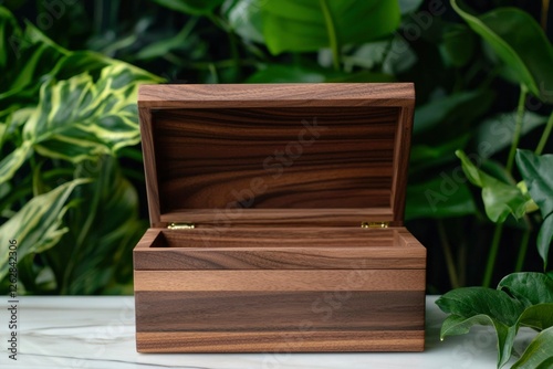 Wooden box, open, marble surface, lush green plants. Potential use Display, advertisement photo