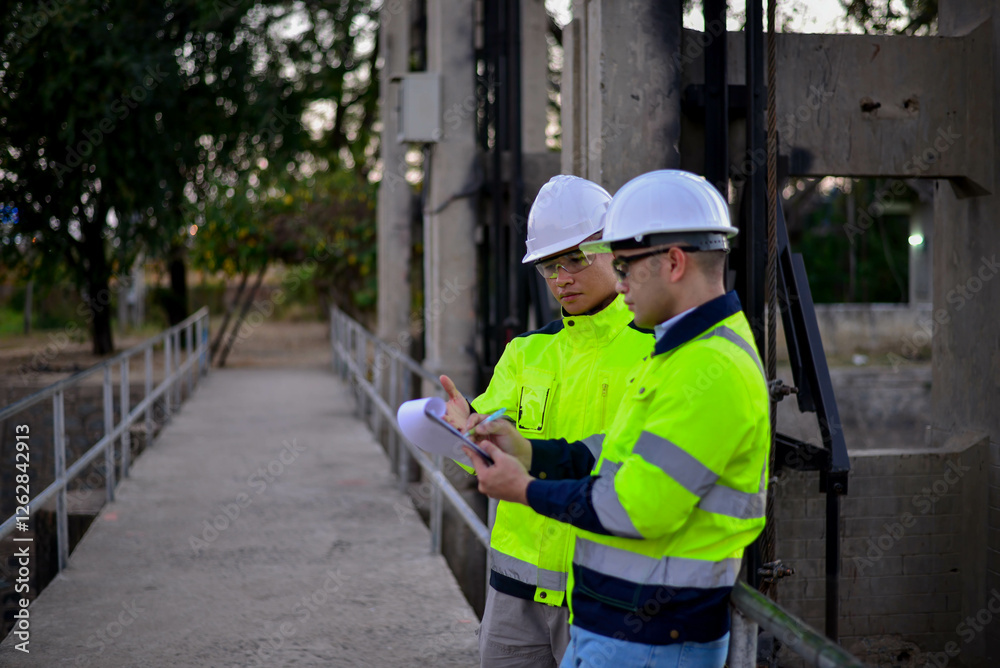 Fototapeta premium Structural engineers and technicians are inspecting the structural standards of the dam's floodgates.