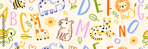 Kids animal seamless pattern, vector hand drawn childish African print texture cute cartoon linen. Naive baby nature background, colorful pencil fabric design, capybara, letters. Kids seamless pattern