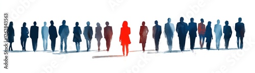 A diverse group of people with one highlighted in red standing out among others.