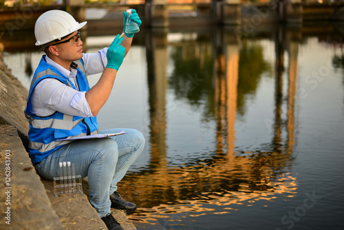 An environmentalist is collecting water samples for research and testing for contaminants in a lab.