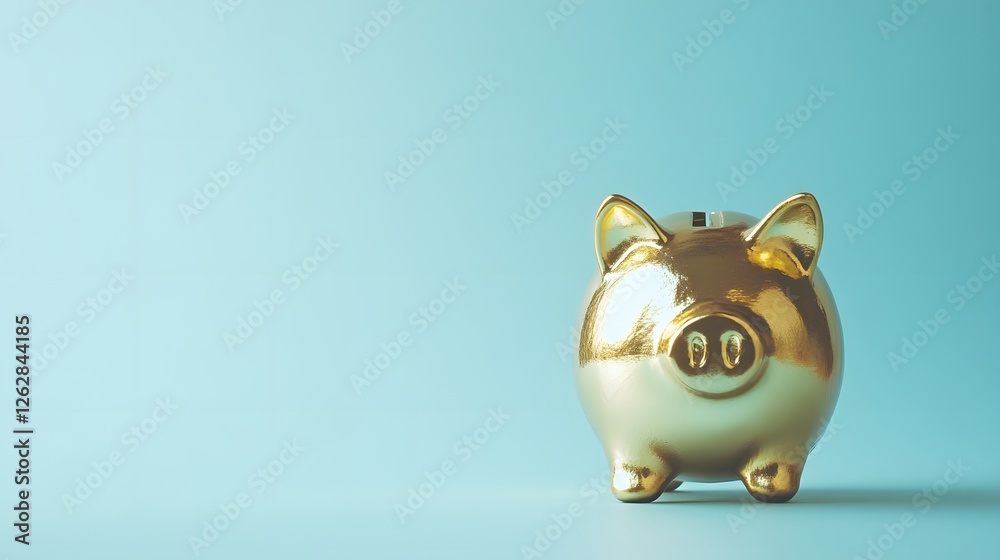 Golden Piggy Bank on Blue Background for Savings Concept Golden Piggy Bank on Blue Background for Savings Concept