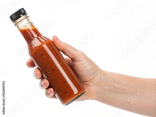 Hand Holding Bottle of Sauce Isolated on White Background for Culinary and Food Concepts