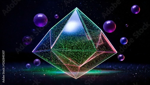 Mesmerizing octahedron, glowing with vibrant neon colors, floats in a dark space, surrounded by colorful bubbles and shimmering particles, creating a surreal and otherworldly scene