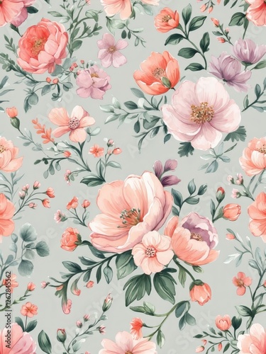 A seamless floral pattern featuring vibrant cherry blossoms, lush green leaves, and delicate birds, creating an elegant and timeless design in rich red and pink tones.
