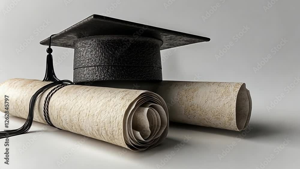 Academic graduation cap and diploma scroll on a dark background representing knowledge