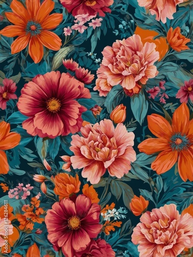 A seamless floral pattern featuring vibrant cherry blossoms, lush green leaves, and delicate birds, creating an elegant and timeless design in rich red and pink tones.