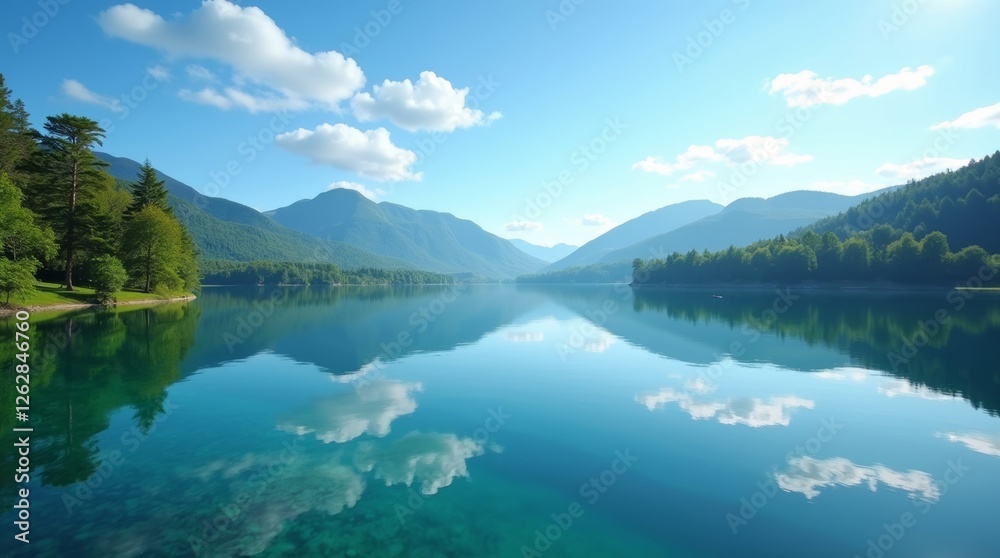 Serene lake surrounded by mountains, reflecting the sky and greenery. Perfect for nature, travel, and relaxation themes. Serene lake surrounded by mountains, reflecting the sky and greenery. Perfect for nature, travel, and relaxation themes.