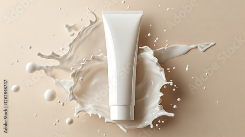 a white bottle of shampoo, on top of a milk splash background, with a white color theme, in a flat lay view from above