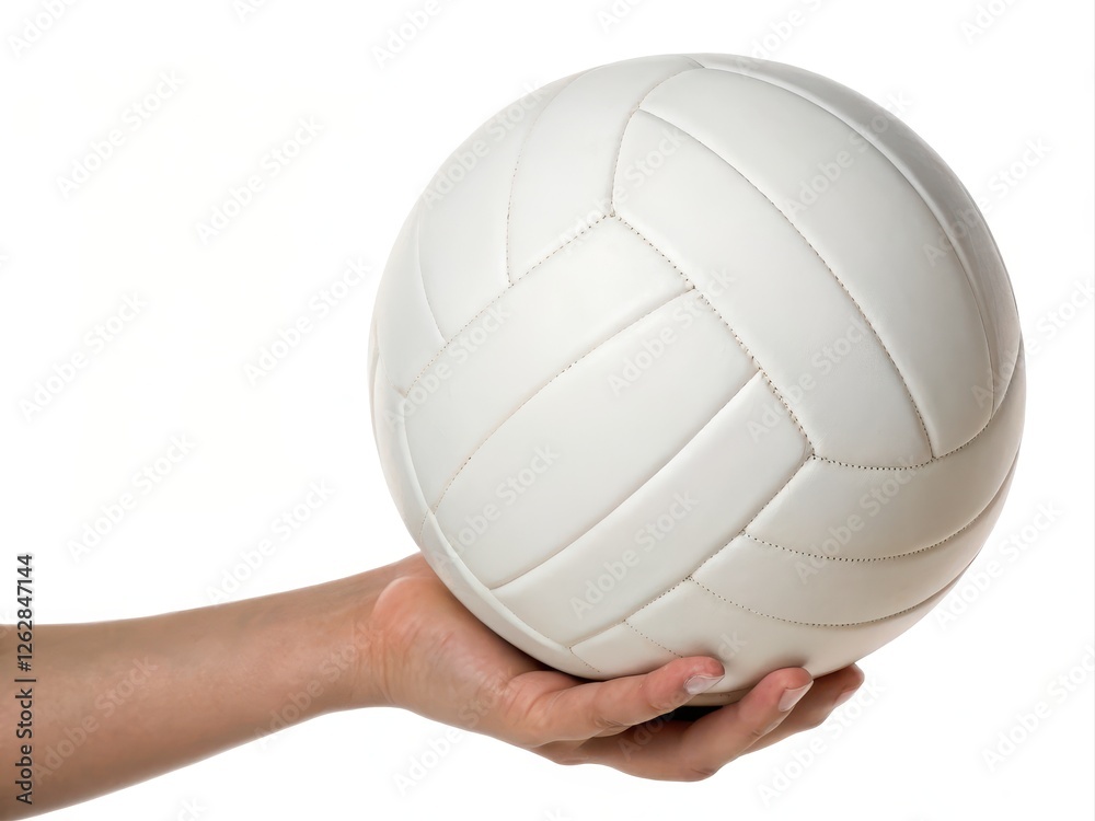 Person Holding a White Volleyball Against a Plain White Background, Isolated Capture of Sports Equipment Person Holding a White Volleyball Against a Plain White Background, Isolated Capture of Sports Equipment
