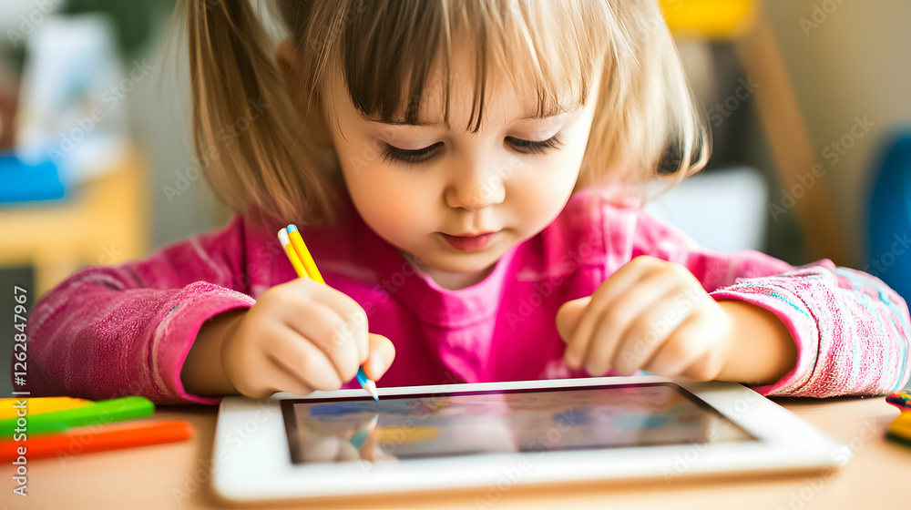 Young child engaging in creative drawing on tablet at home during daylight hours Young child engaging in creative drawing on tablet at home during daylight hours