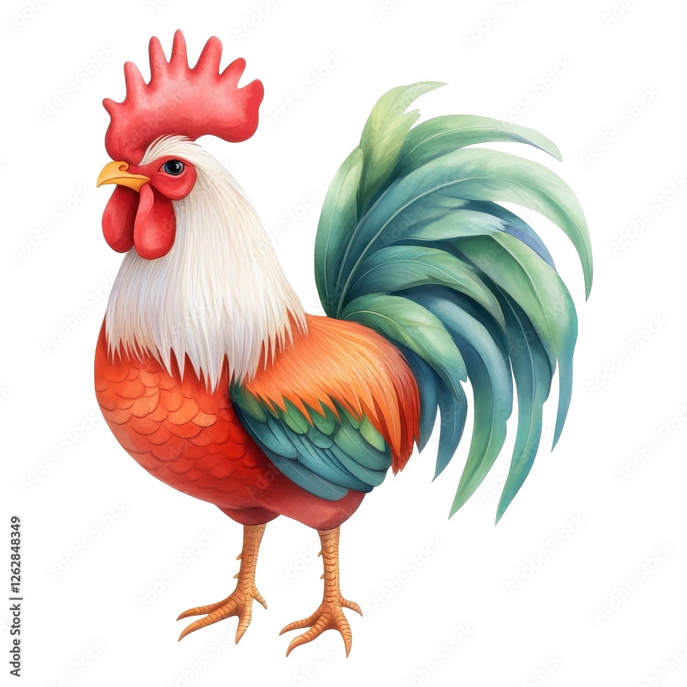 Fototapeta premium Watercolor Rooster Illustration with Vibrant Plumage, Symbolizing Farm Freshness and a Rustic Aesthetic,, Isolated on White Background Cutout