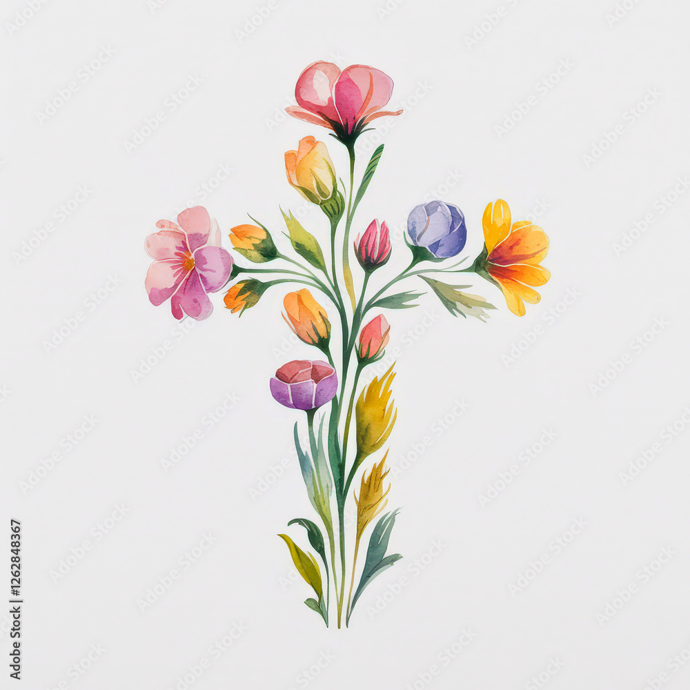 Naklejka premium cross with flowers in watercolors