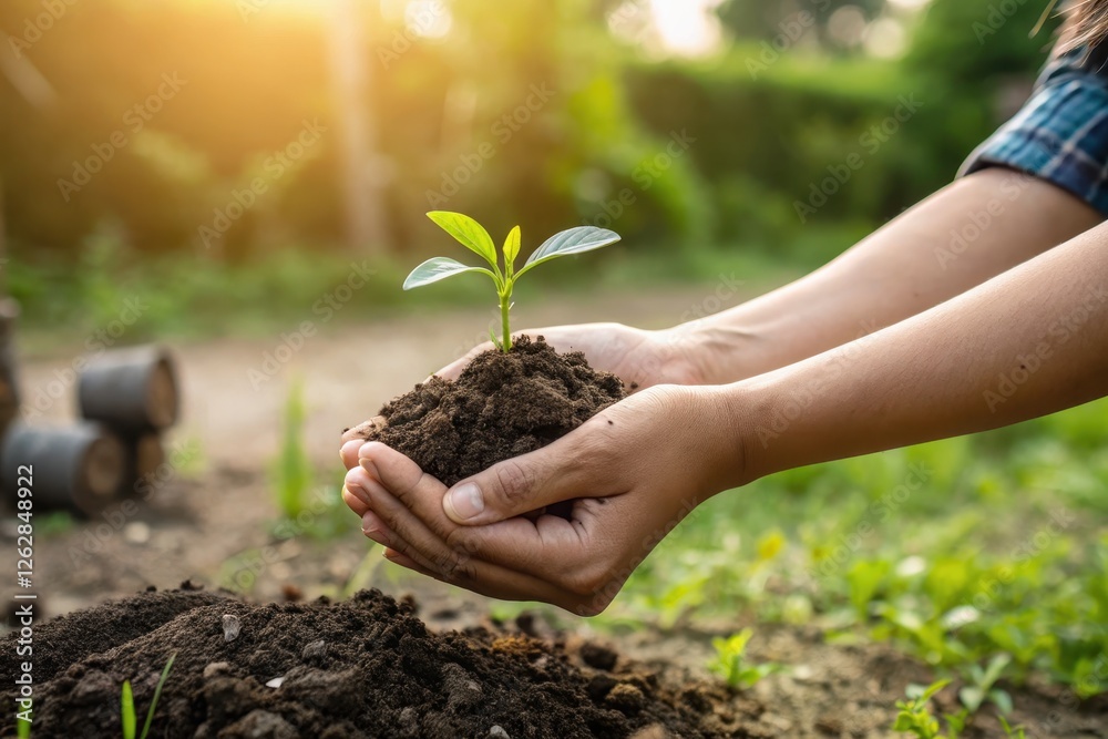 Hands Holding a Small Green Plant in Soil with Sunlight in the Background Hands Holding a Small Green Plant in Soil with Sunlight in the Background