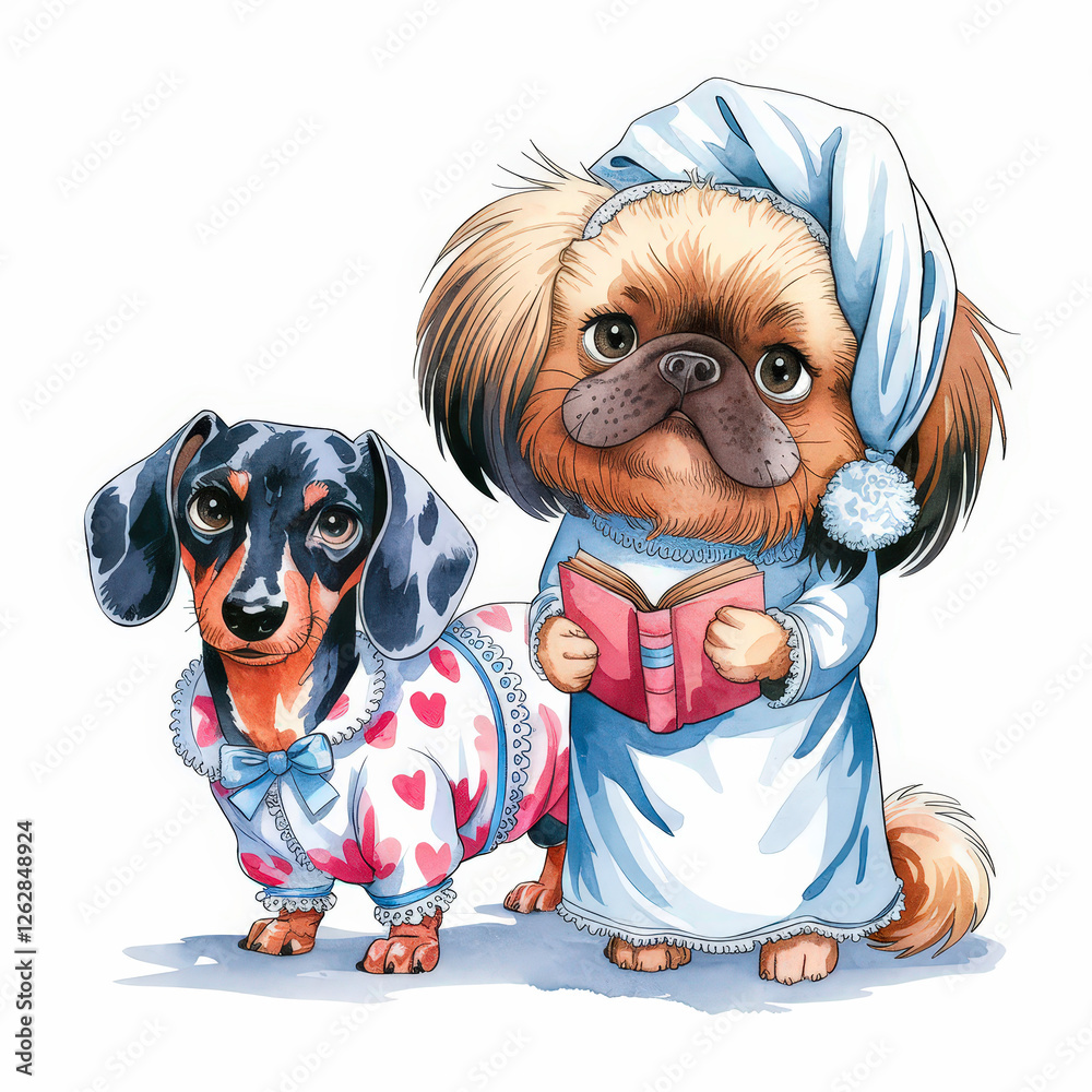 Obraz premium Pekingese dog and dachshund dog with book. in pajamas