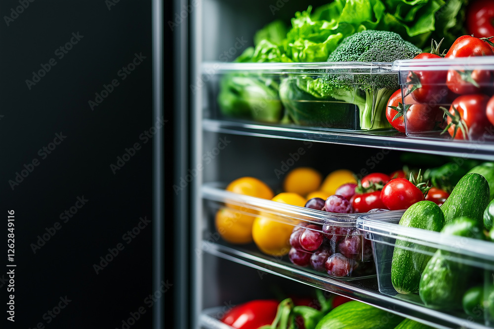 Fresh vegetables and fruits stored in refrigerator, showcasing vibrant colors and healthy options. variety of produce including lettuce, broccoli, tomatoes, and grapes Fresh vegetables and fruits stored in refrigerator, showcasing vibrant colors and healthy options. variety of produce including lettuce, broccoli, tomatoes, and grapes