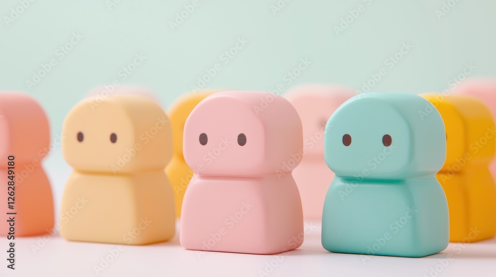 Colorful, cute rubber figures lined up, showcasing a playful and cheerful aesthetic against a soft background. Colorful, cute rubber figures lined up, showcasing a playful and cheerful aesthetic against a soft background.