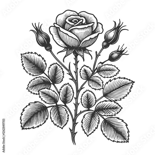 rose hip plant with detailed rosebuds, leaves, and thorns, drawn in an engraved, botanical style sketch engraving generative ai vector illustration. Scratch board imitation. Black and white image.