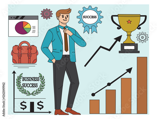 successful Businessman with Trophy, Growth Graph, and Gear Business Success Vector Illustration.