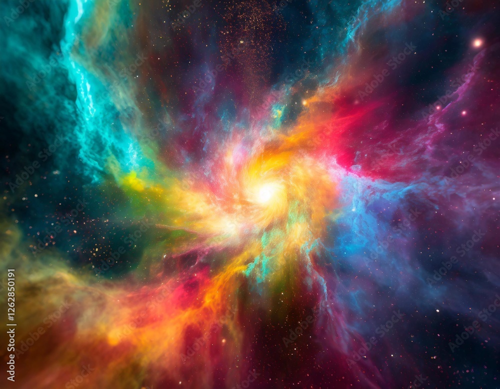 A cosmic explosion of vibrant colors and swirling galaxies, blending abstract art with the infinite beauty of the universe.
