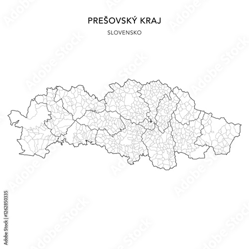 Geopolitical Vector Map of Prešov Region (Prešovský Kraj) with Municipalities (Obcí), and Districts (Okres) Administrative Subdivisions as of 2025 - Slovakia (Slovensko)
