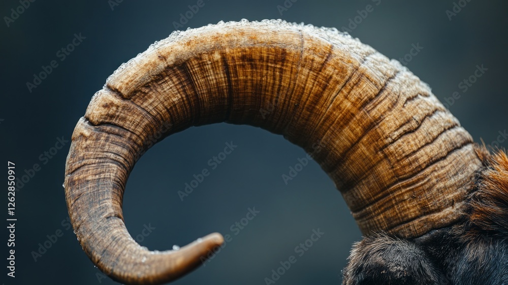 This close-up showcases the remarkable curves and textures of a goat's horn, with dew drops glistening on its surface, highlighting the beauty of nature in a serene environment.