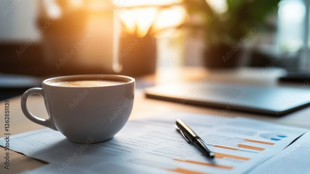 Warm Morning Coffee and Financial Documents on a Wooden Desk Warm Morning Coffee and Financial Documents on a Wooden Desk