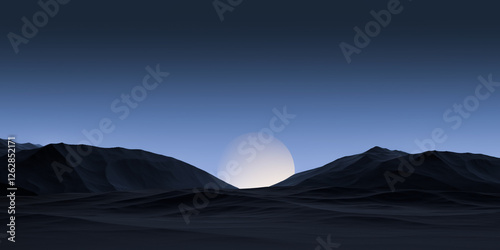 Fototapeta Naklejka Na Ścianę i Meble -  Orange planet on horizon of mountainous, rocky terrain at night. Sci-fi landscape, science fiction landscape planet at dusk.3D render