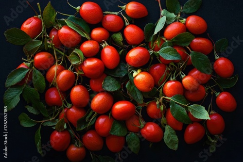 Fresh rose hips on dark surface.  Possible use Food photography, stock image for recipes, articles about rose hips photo