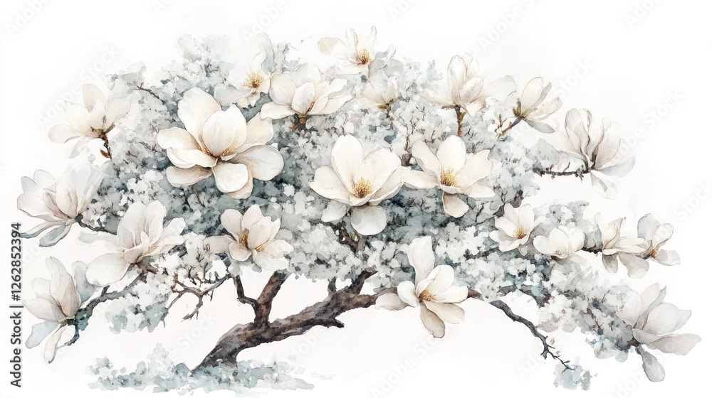 White magnolia blossoms tree, spring garden, tranquil background, home decor White magnolia blossoms tree, spring garden, tranquil background, home decor