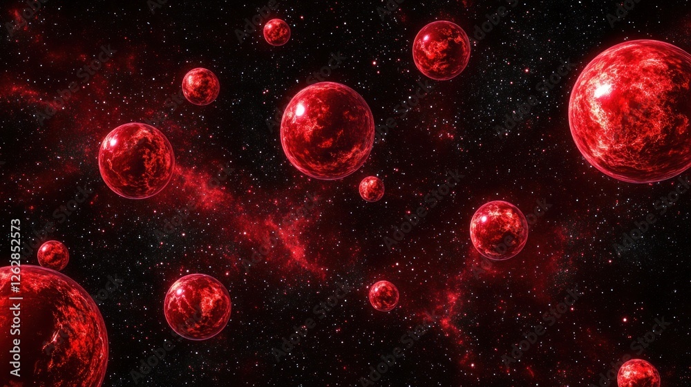 Fototapeta premium Crimson Cosmos: A Celestial Dance of Fiery Orbs