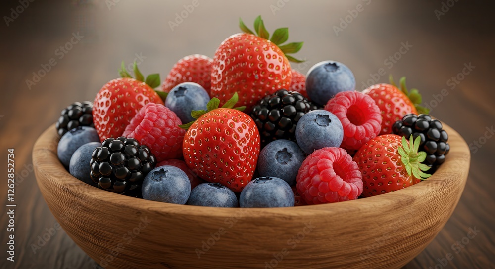 Fresh Berries in Wooden Bowl Strawberry Raspberry Blackberry Blueberry Fresh Berries in Wooden Bowl Strawberry Raspberry Blackberry Blueberry