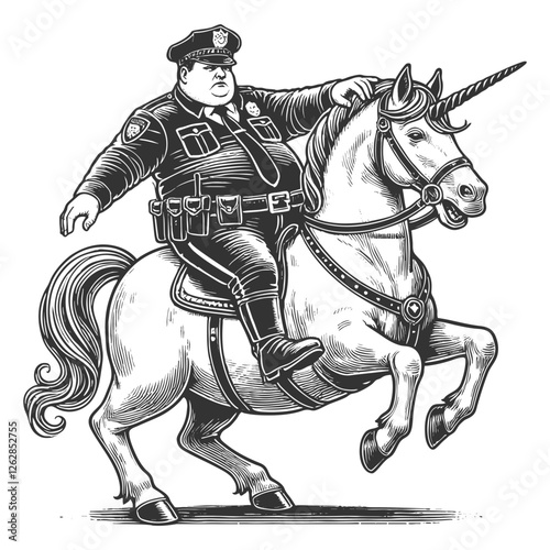 uniformed police officer riding a galloping unicorn, blending realism with fantasy in a humorous and imaginative artistic style sketch engraving generative ai vector. Scratch board. Black and white.