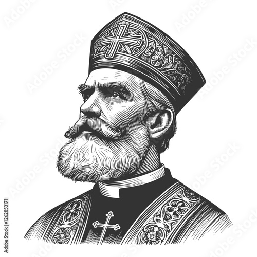 Orthodox clergyman wearing an ornate mitre and religious vestments, evoking tradition, faith, and spirituality sketch engraving generative ai vector illustration. Scratch board. Black and white image.