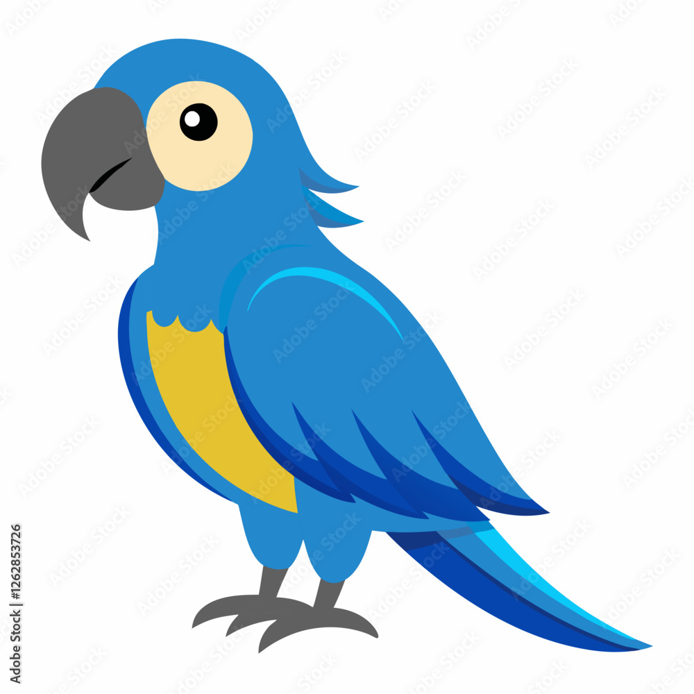 Fototapeta premium Cartoon Amazon macaw parrot blue color isolated on white background. Cute talking domestic bird. Vector illustration on white background